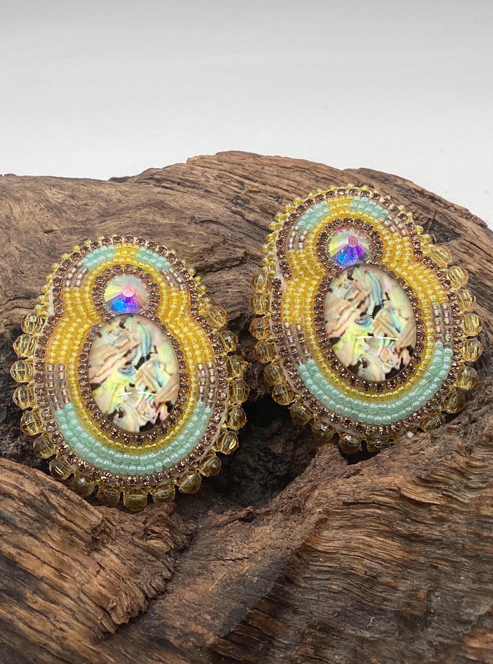Yellow Double Center Hand Beaded Earrings - Authentic Ojibwe Anishinaabe Beadwork