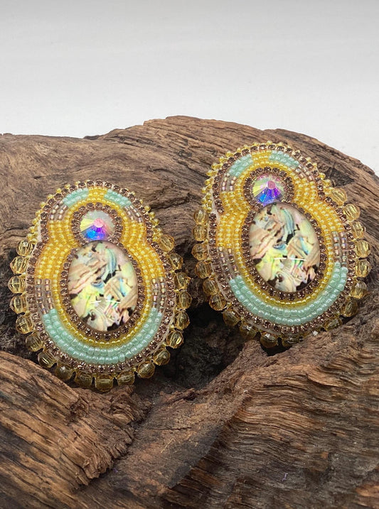 Yellow Double Center Hand Beaded Earrings - Authentic Ojibwe Anishinaabe Beadwork