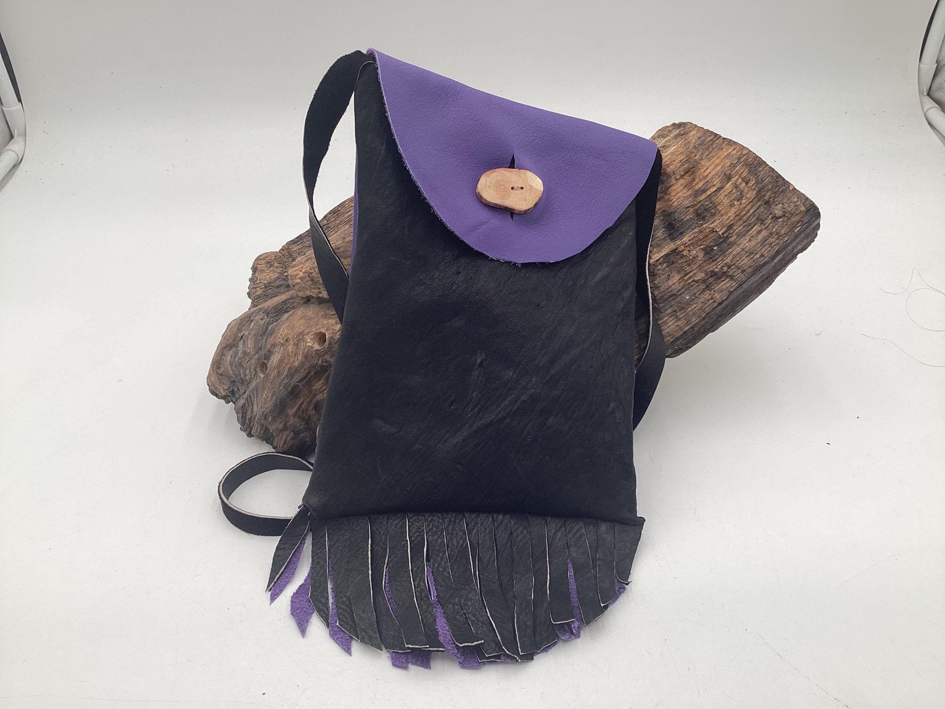 Hand Made Purple & Black Leather Bag - Authentic Anishinaabe/Ojibwe Made - Free Shipping
