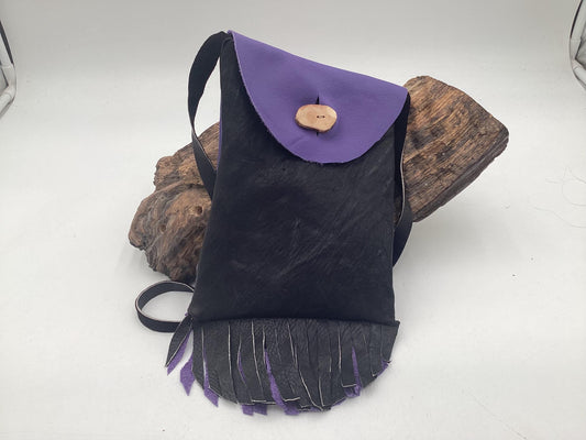 Hand Made Purple & Black Leather Bag - Authentic Anishinaabe/Ojibwe Made - Free Shipping
