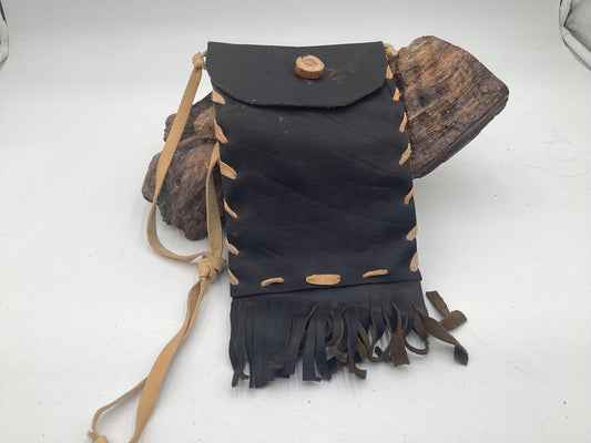 Hand Made Black Leather Bag - Authentic Anishinaabe/Ojibwe Made - Free Shipping