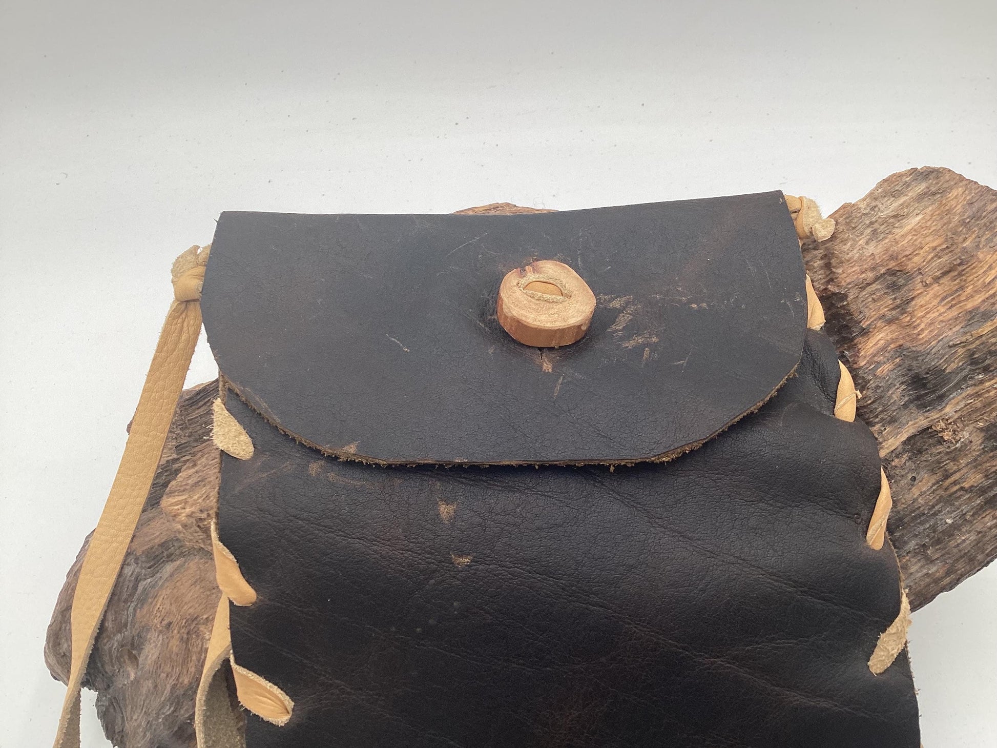 Hand Made Black Leather Bag - Authentic Anishinaabe/Ojibwe Made - Free Shipping