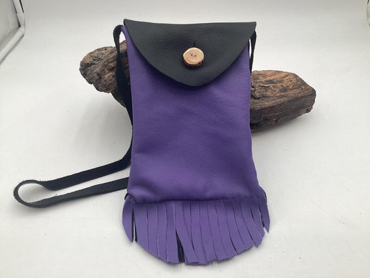 Hand Made Purple & Black Leather Bag - Authentic Anishinaabe/Ojibwe Made - Free Shipping