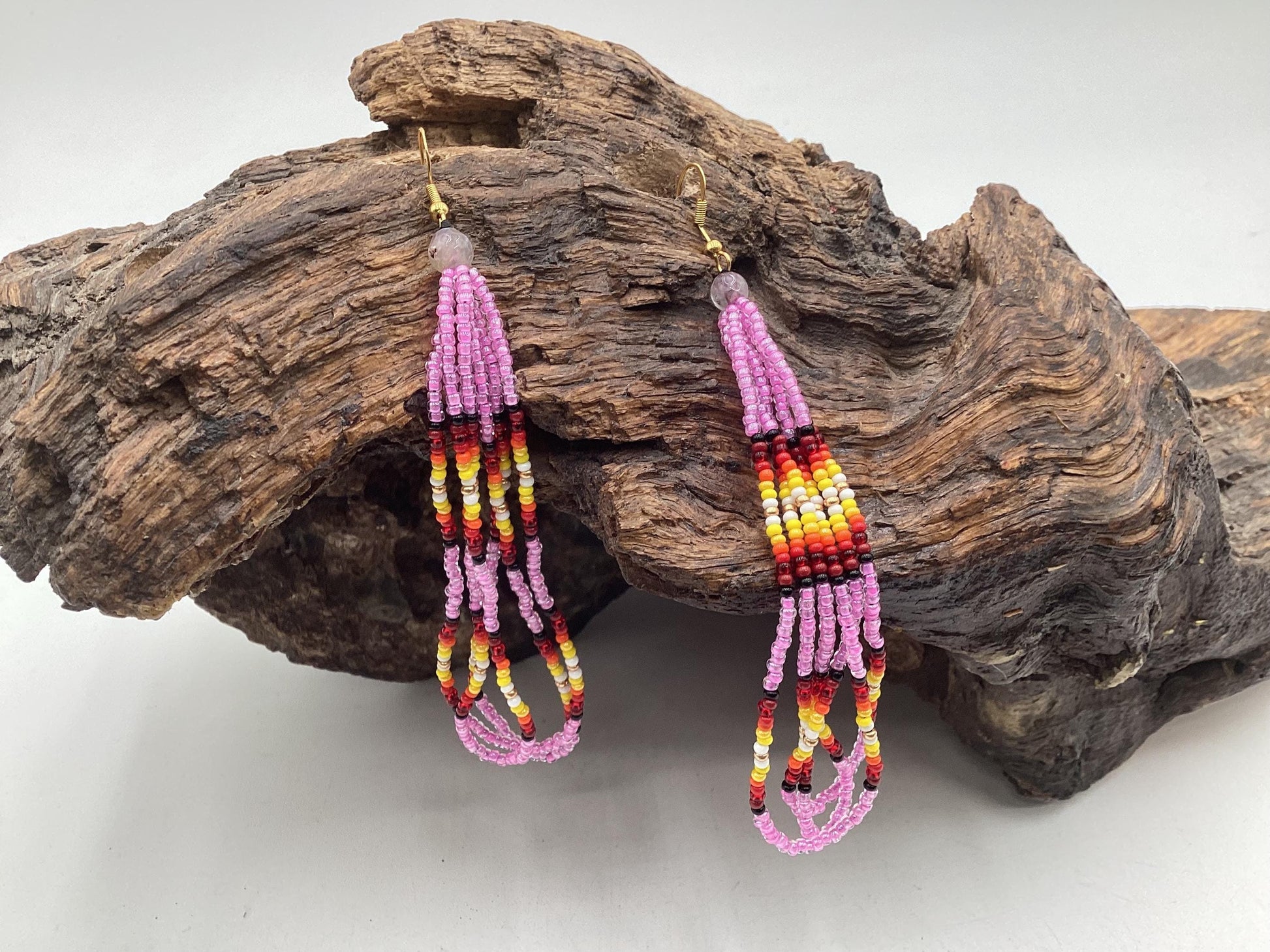 Hand Beaded Fringe Dangle Earrings - Authentic Anishinaabe/Ojibwe Beadwork