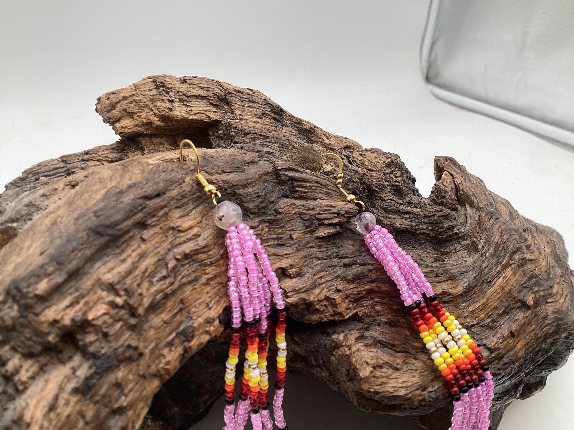 Hand Beaded Fringe Dangle Earrings - Authentic Anishinaabe/Ojibwe Beadwork