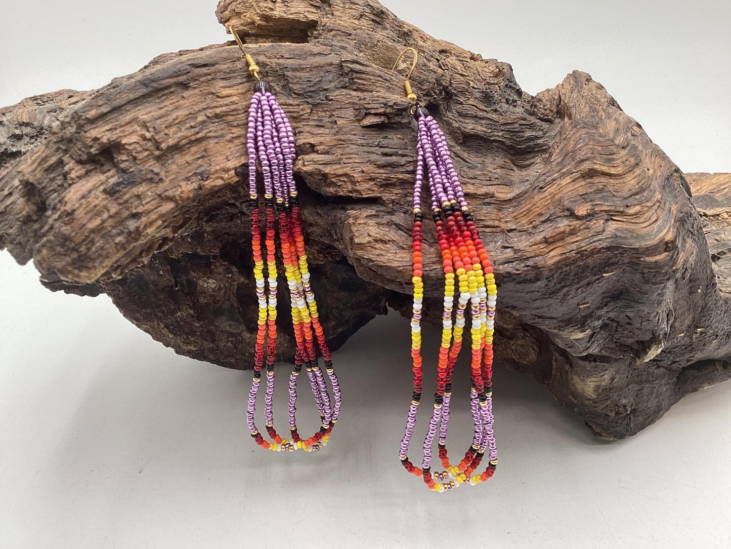 Hand Beaded Fringe Dangle Earrings - Authentic Anishinaabe/Ojibwe Beadwork