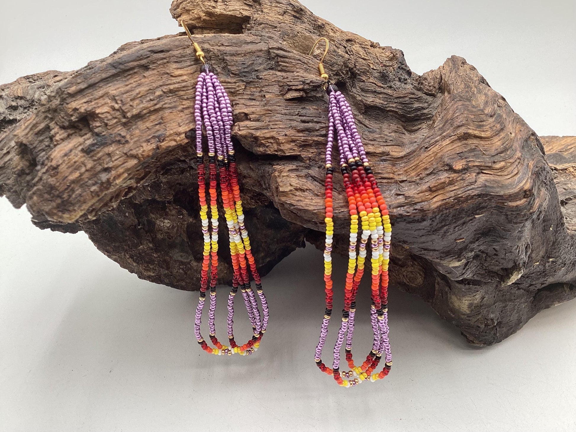 Hand Beaded Fringe Dangle Earrings - Authentic Anishinaabe/Ojibwe Beadwork