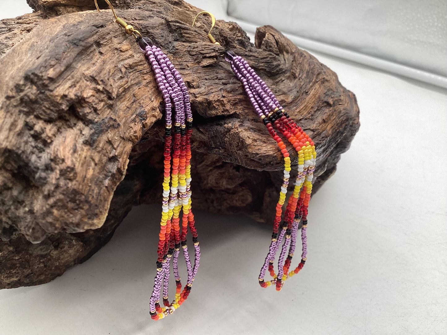 Hand Beaded Fringe Dangle Earrings - Authentic Anishinaabe/Ojibwe Beadwork