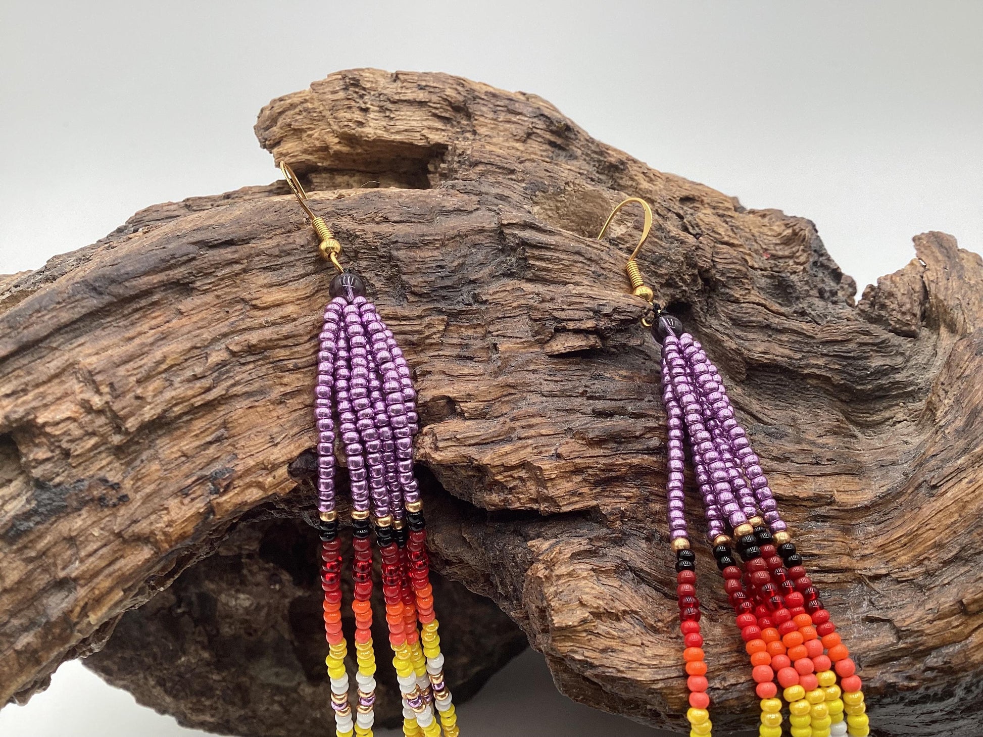 Hand Beaded Fringe Dangle Earrings - Authentic Anishinaabe/Ojibwe Beadwork