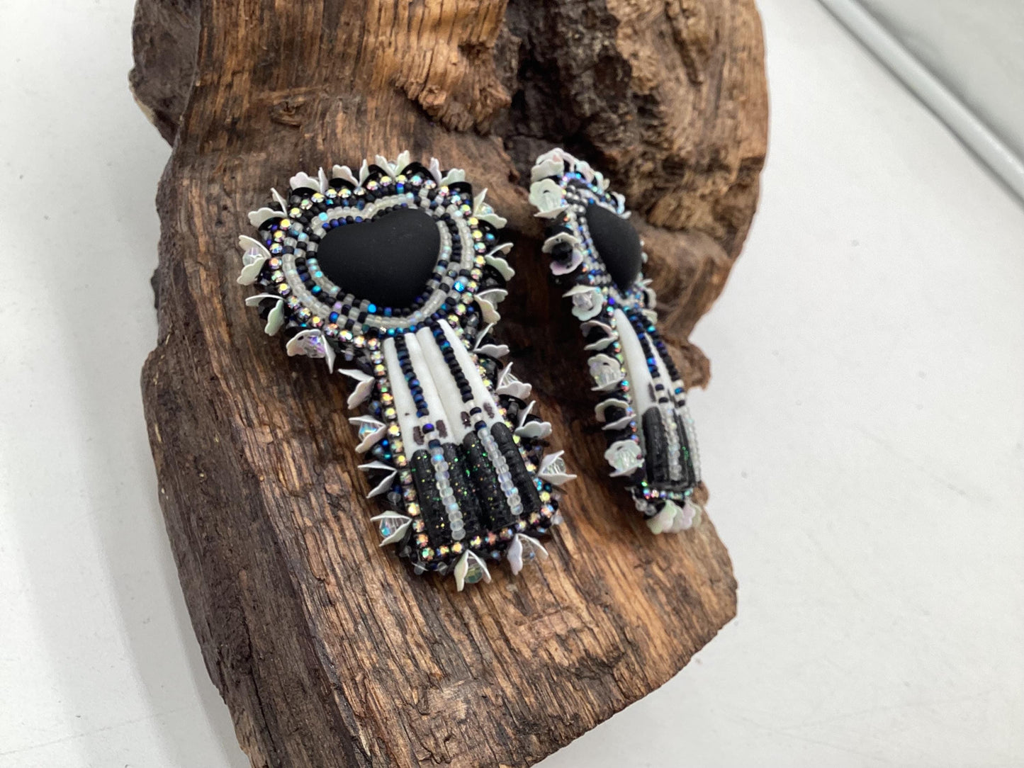 Hand Beaded Black Heart Earrings – White Earth Nation Artisan Beadwork