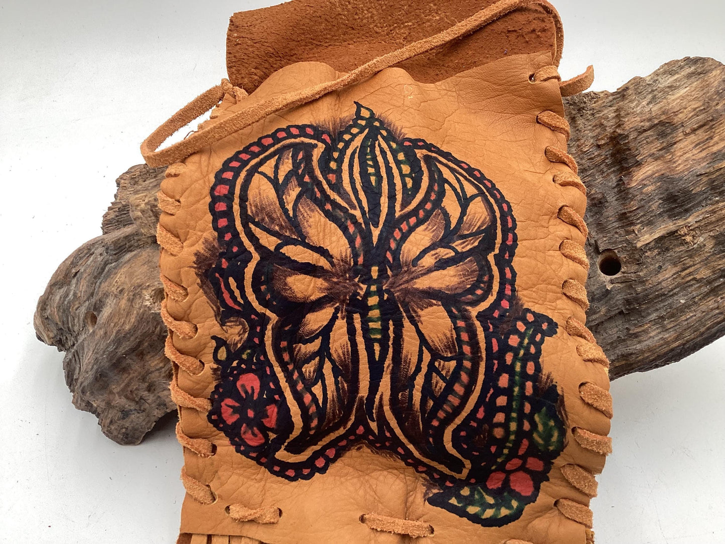 Hand Made Painted Leather Bag - Authentic Anishinaabe/Ojibwe Made - Free Shipping