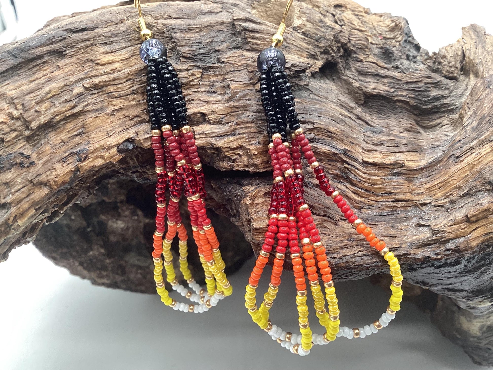 Fire Color Dangle Earrings – Anishinaabe/Ojibwe Beadwork