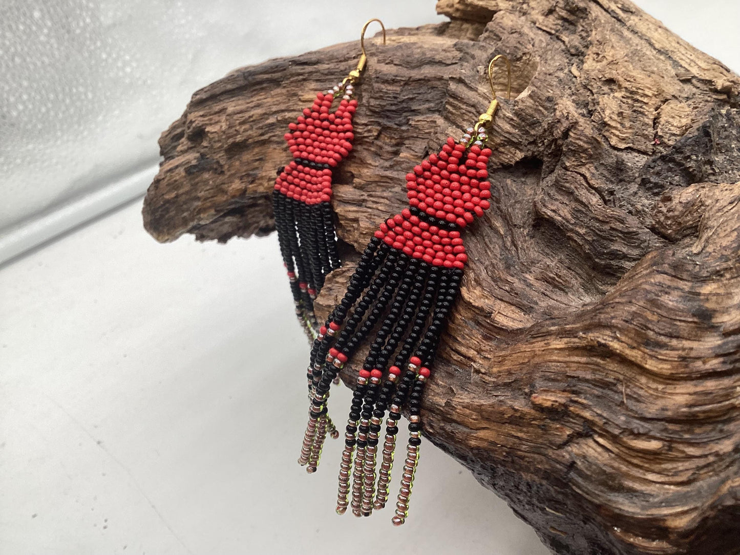 Hand Beaded Dangling Fringe Earrings – Anishinaabe Made