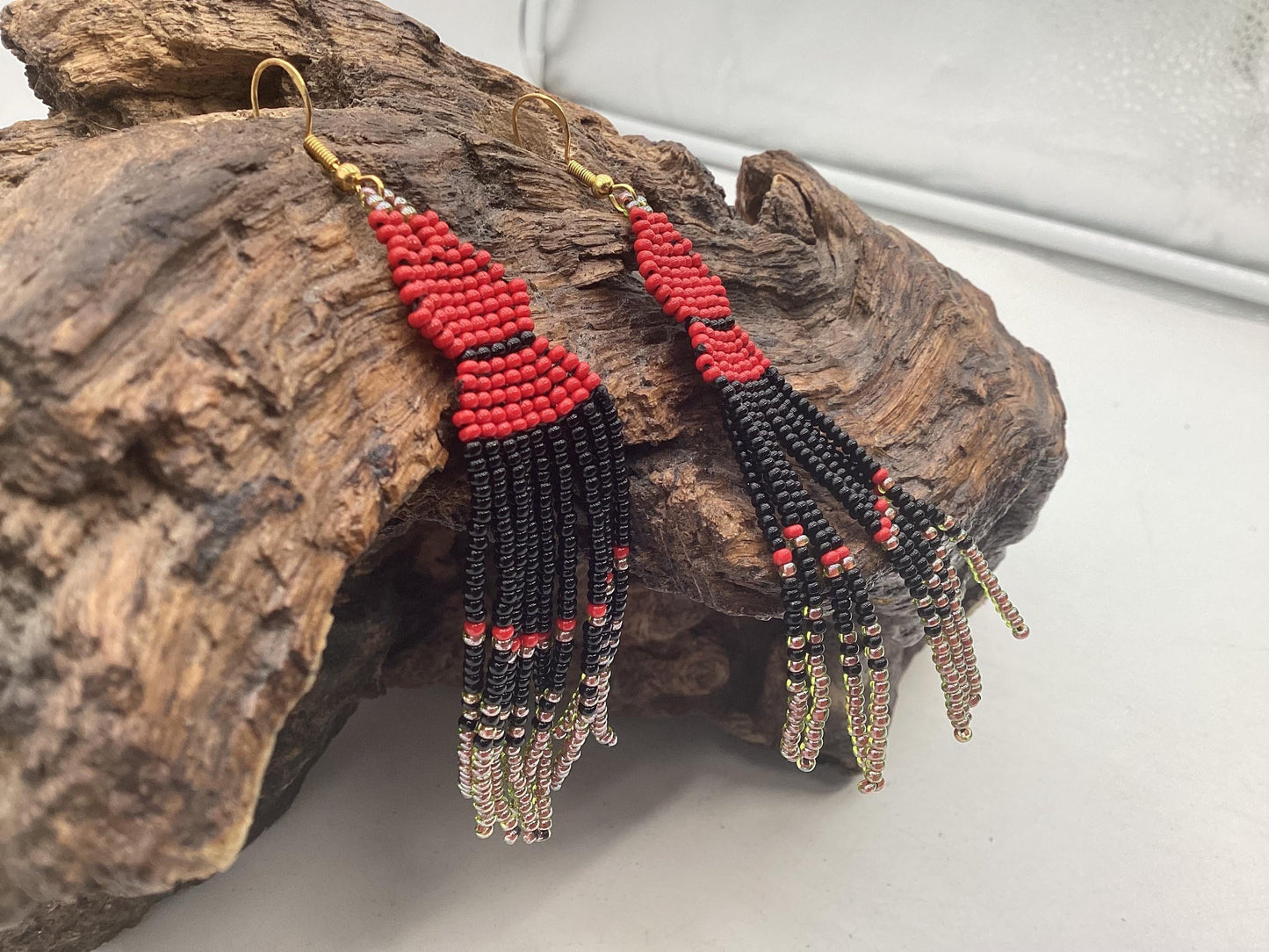 Hand Beaded Dangling Fringe Earrings – Anishinaabe Made