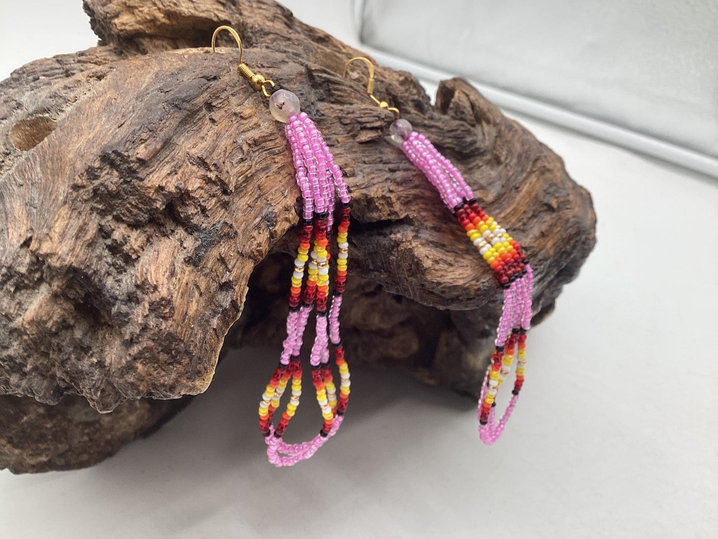 Hand Beaded Fringe Dangle Earrings - Authentic Anishinaabe/Ojibwe Beadwork