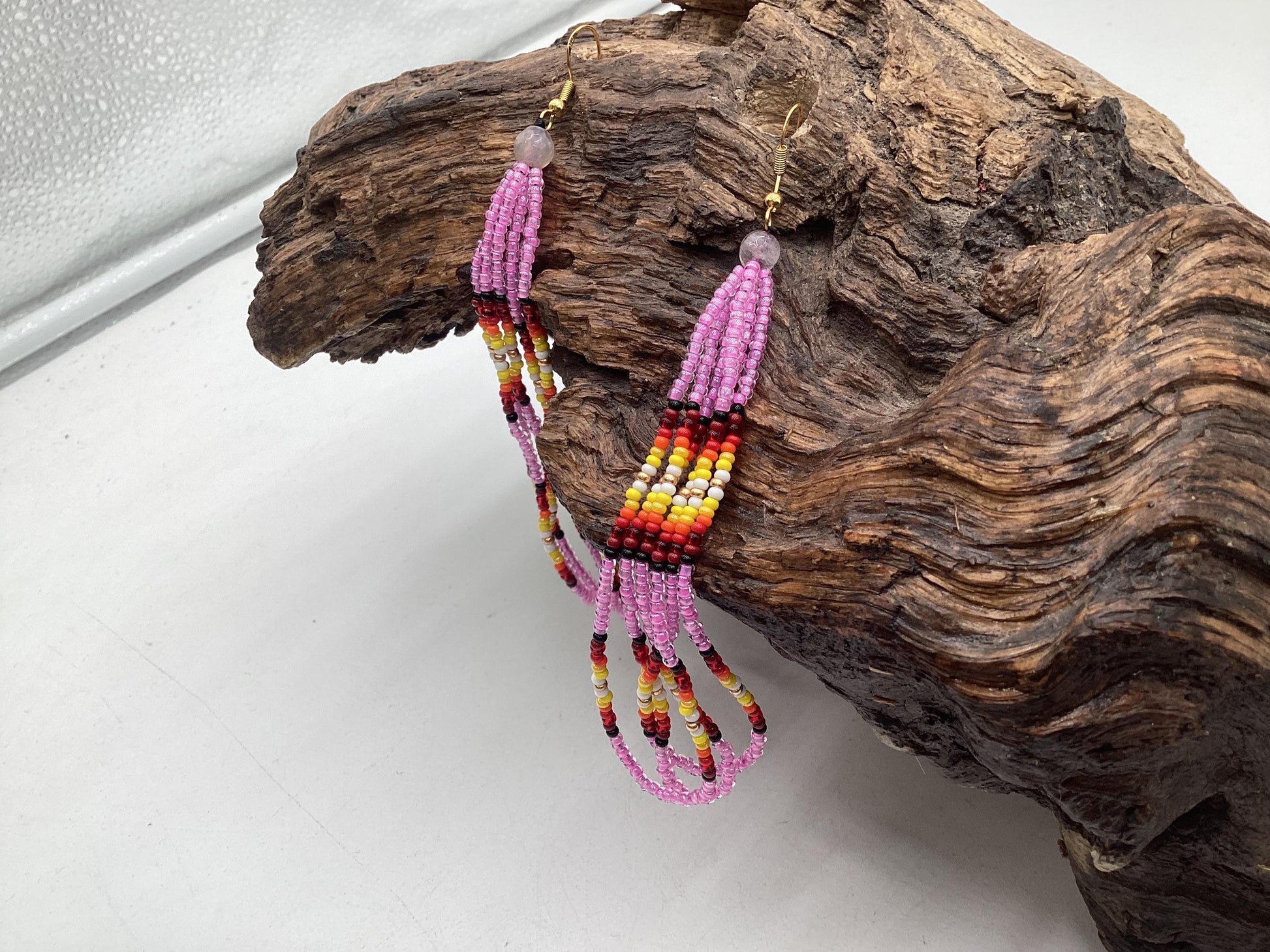 Hand Beaded Fringe Dangle Earrings - Authentic Anishinaabe/Ojibwe Beadwork
