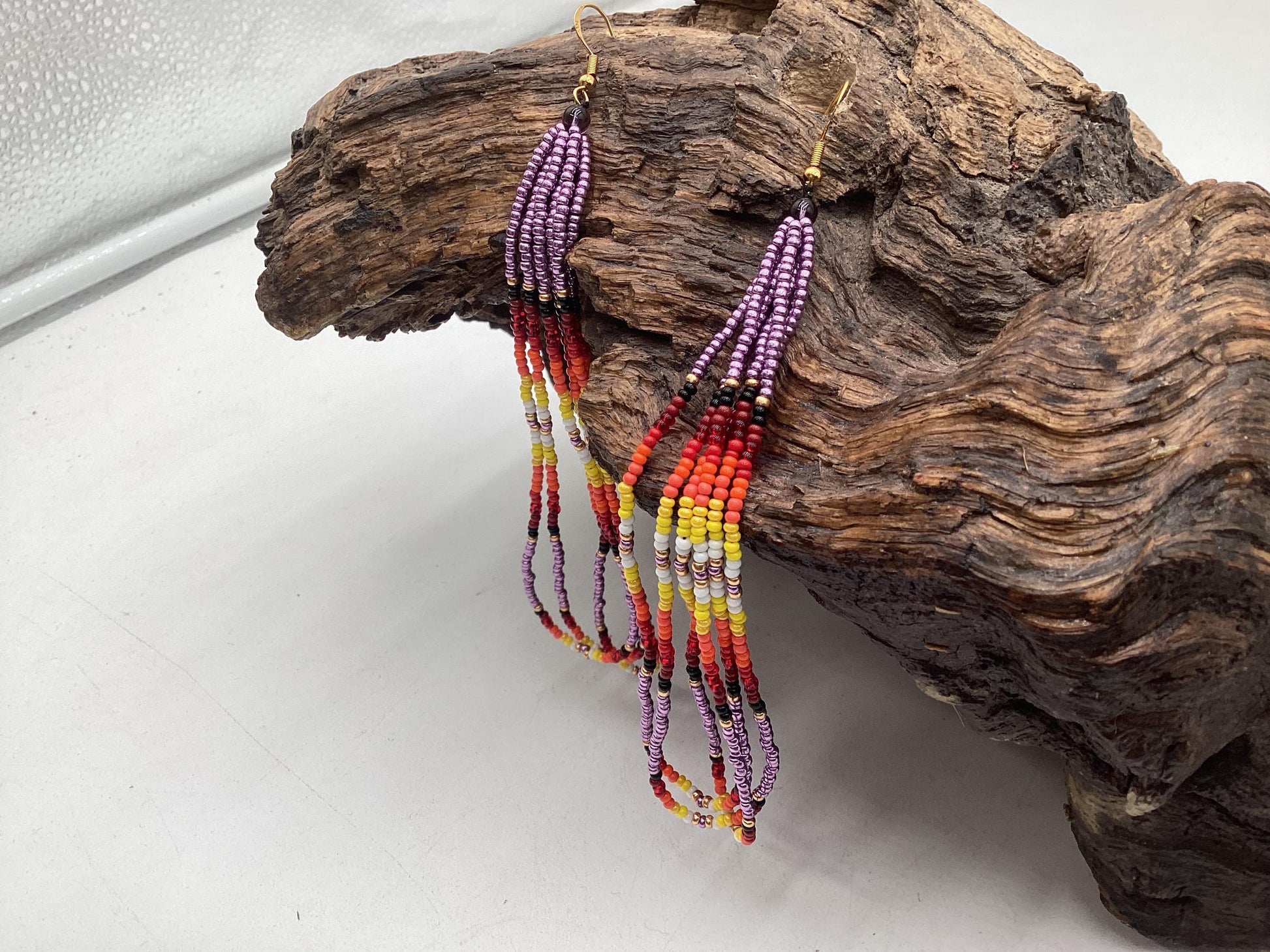 Hand Beaded Fringe Dangle Earrings - Authentic Anishinaabe/Ojibwe Beadwork