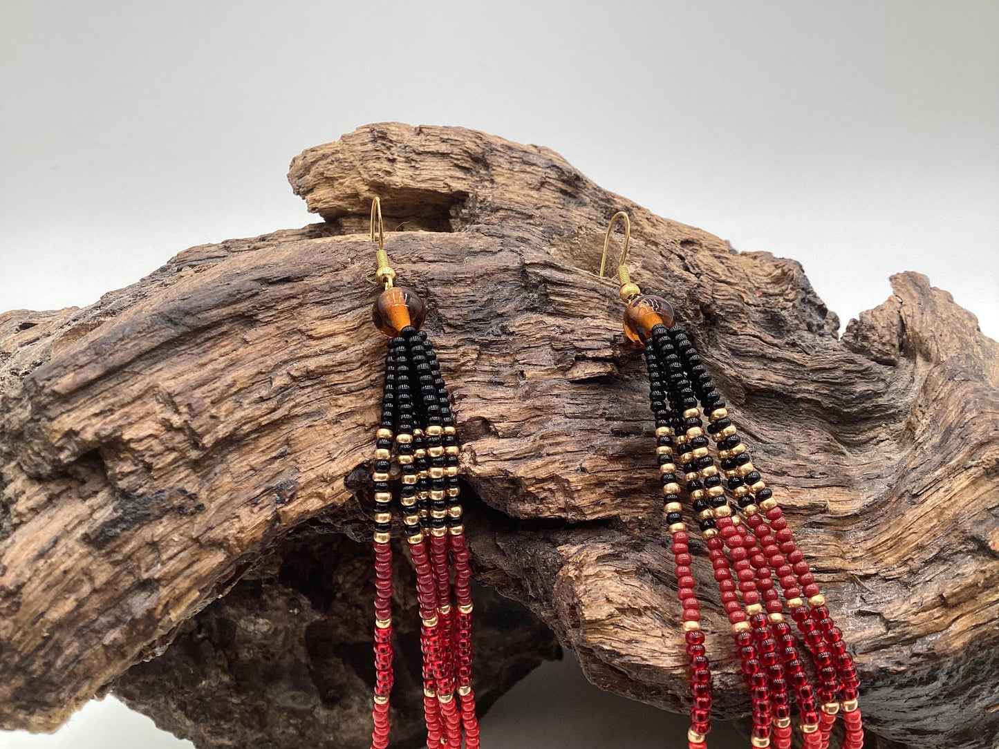 Hand Beaded Fringe Dangle Earrings - Authentic Anishinaabe/Ojibwe Beadwork