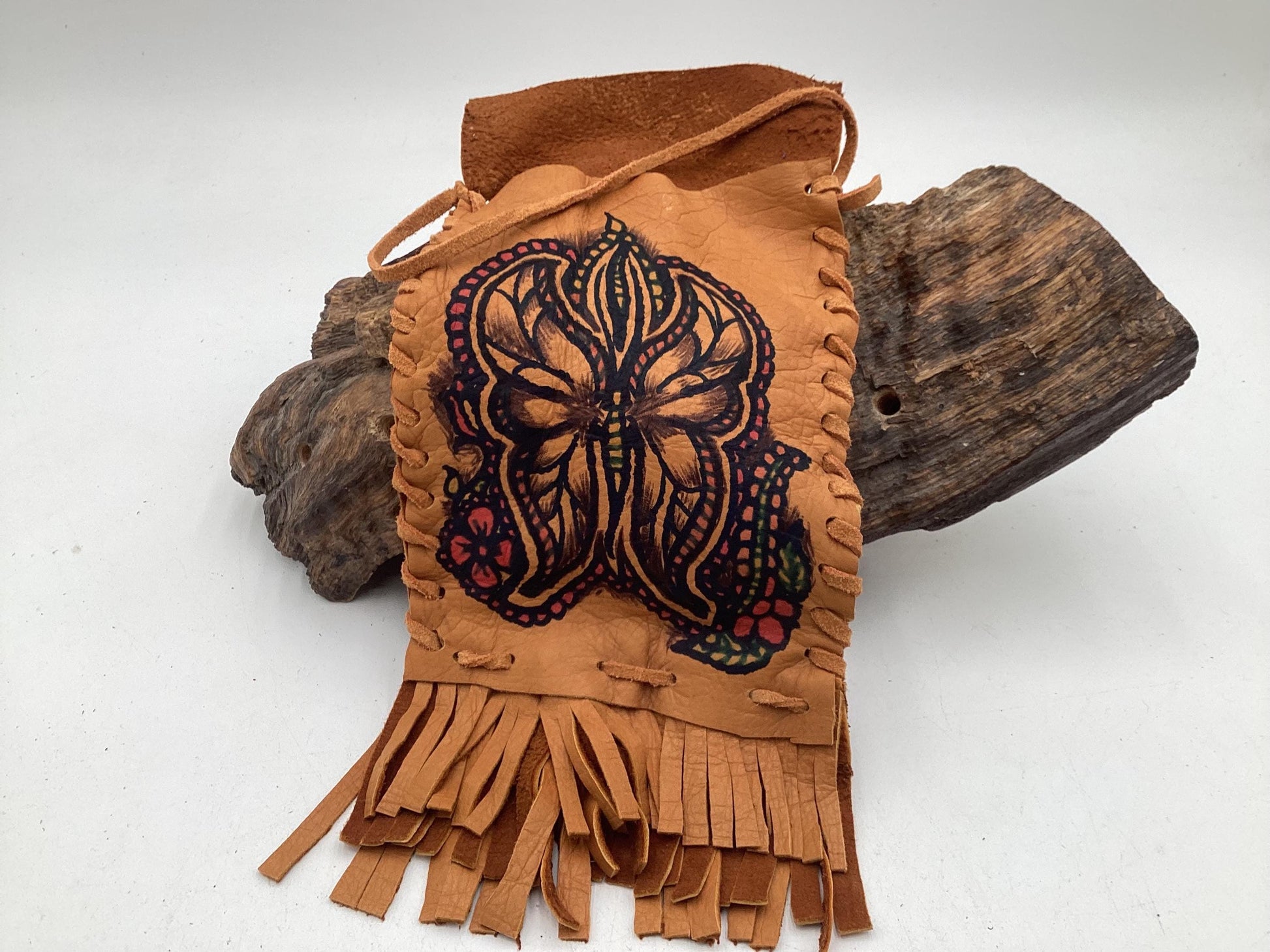 Hand Made Painted Leather Bag - Authentic Anishinaabe/Ojibwe Made - Free Shipping