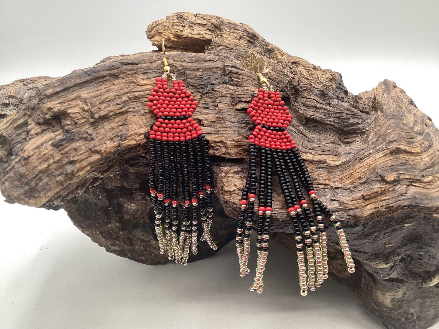 Hand Beaded Dangling Fringe Earrings – Anishinaabe Made