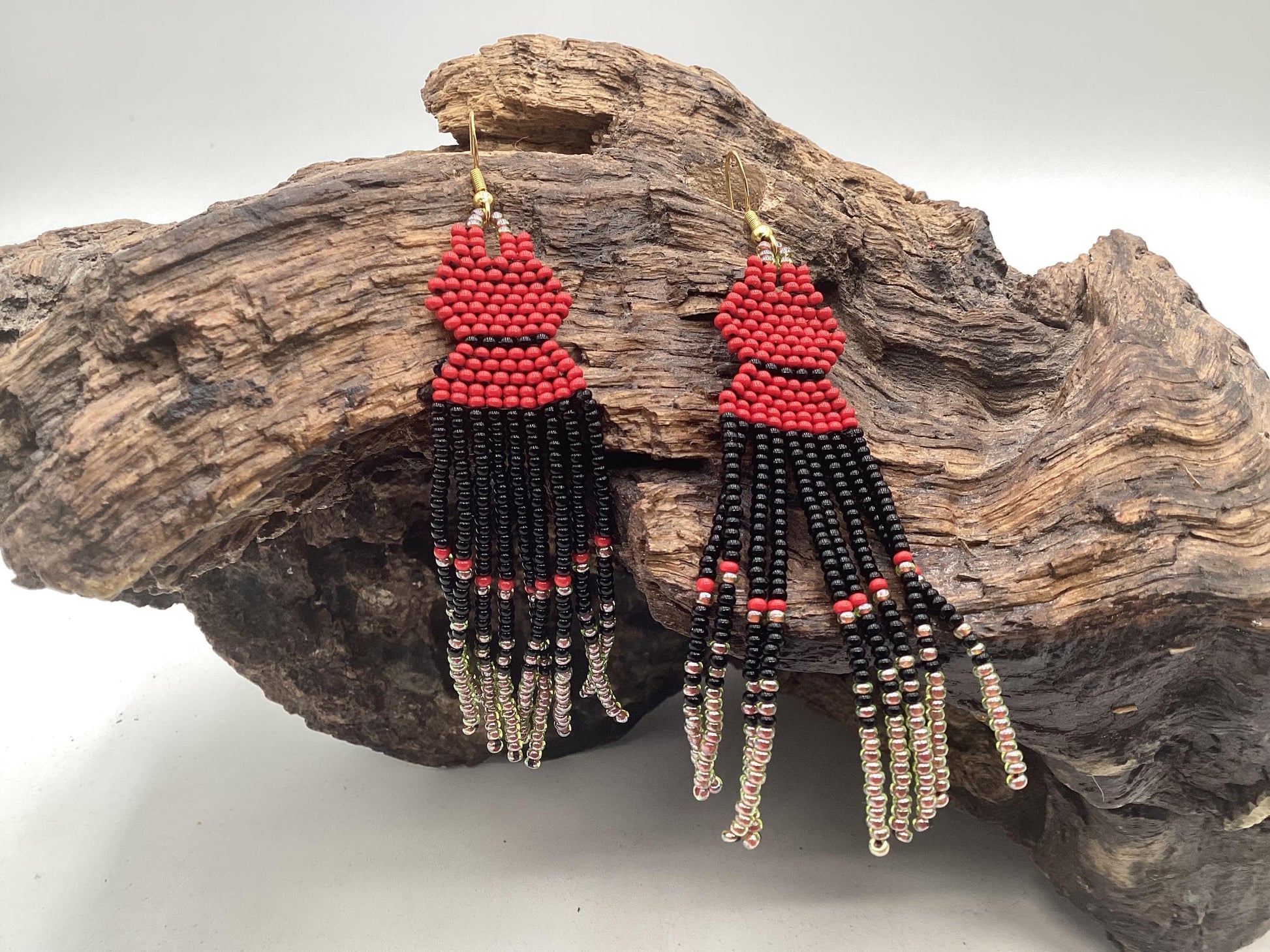 Hand Beaded Dangling Fringe Earrings – Anishinaabe Made