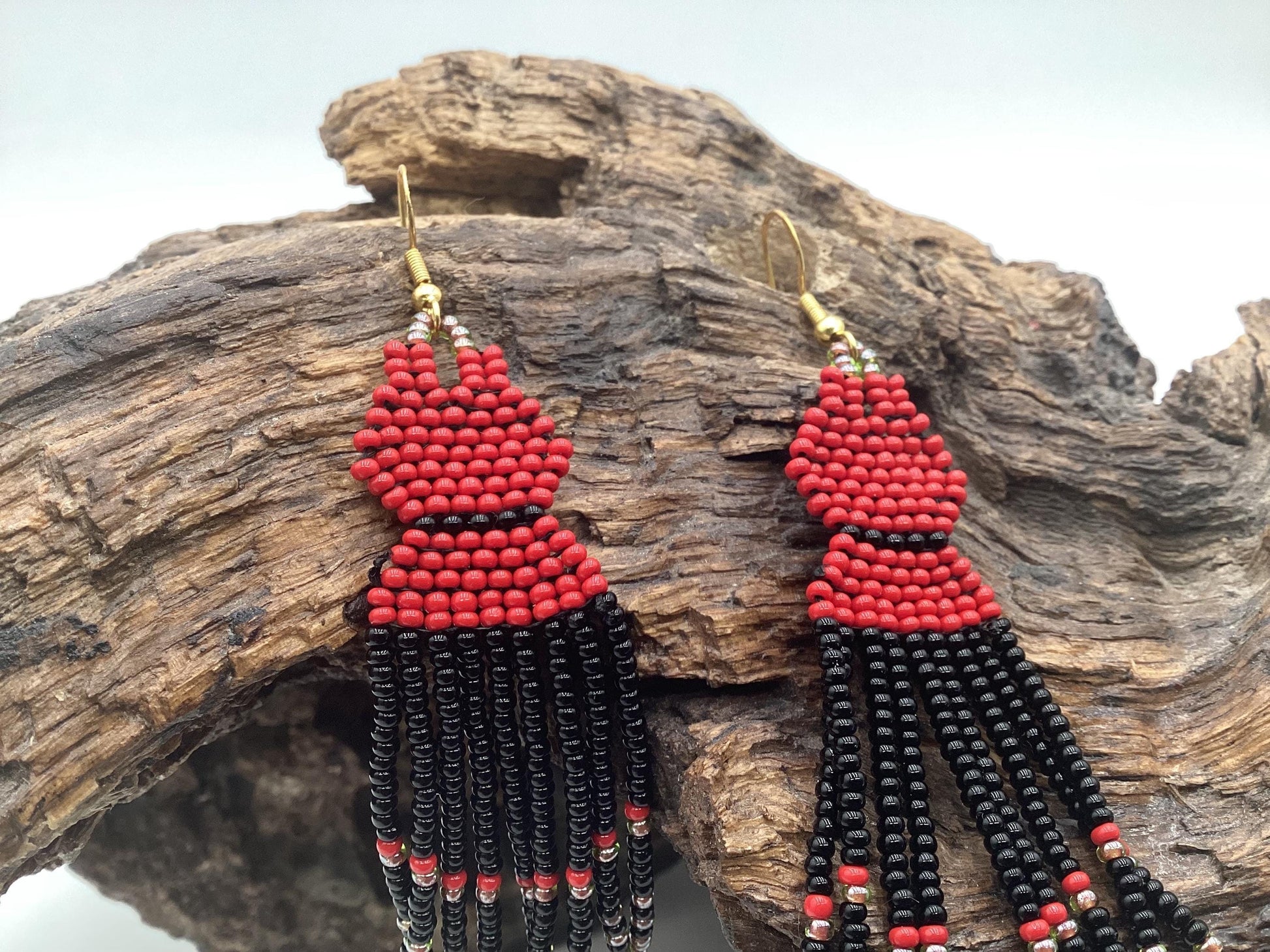 Hand Beaded Dangling Fringe Earrings – Anishinaabe Made