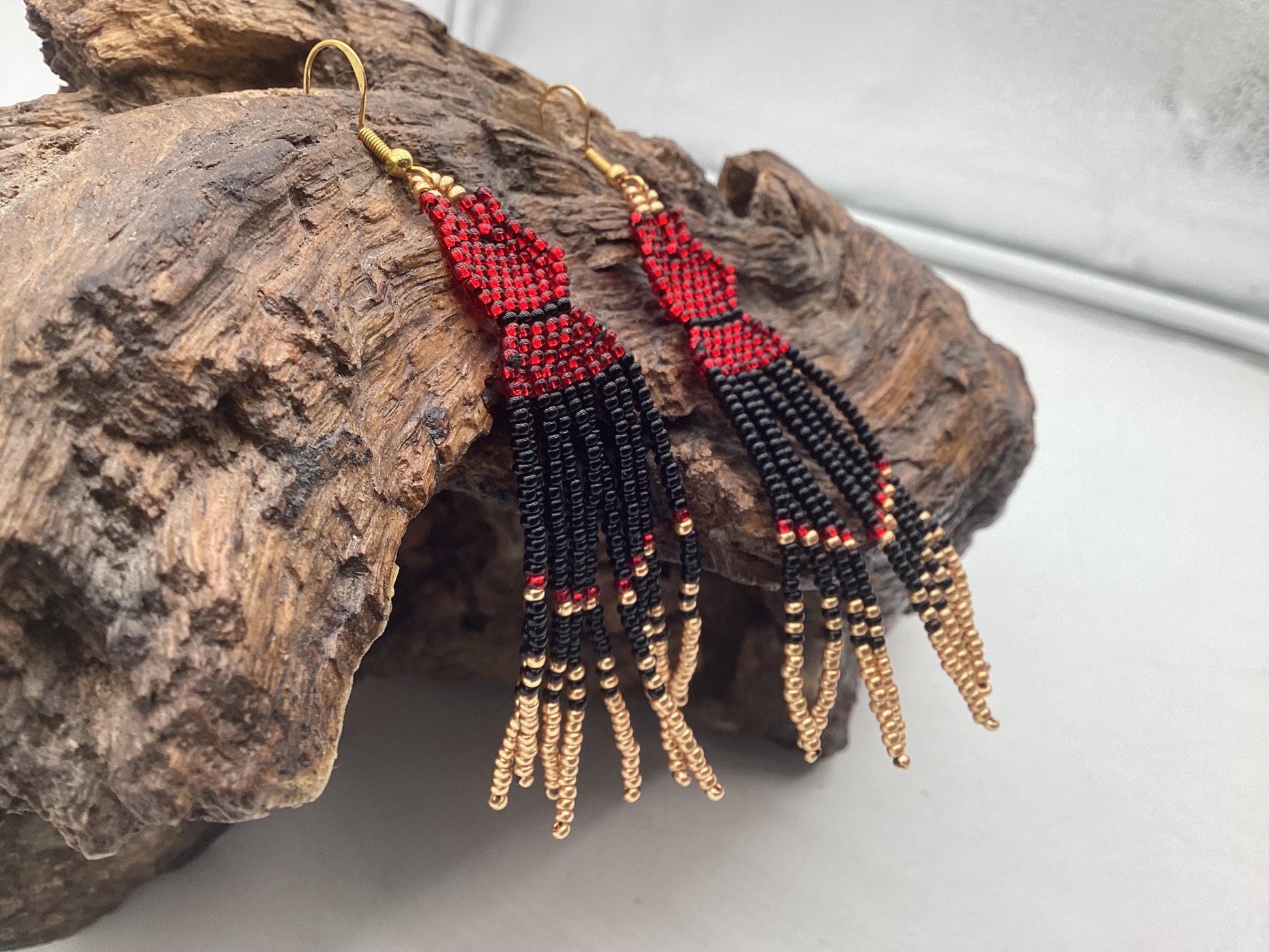 Hand Beaded Dangling Fringe Earrings – Anishinaabe Made