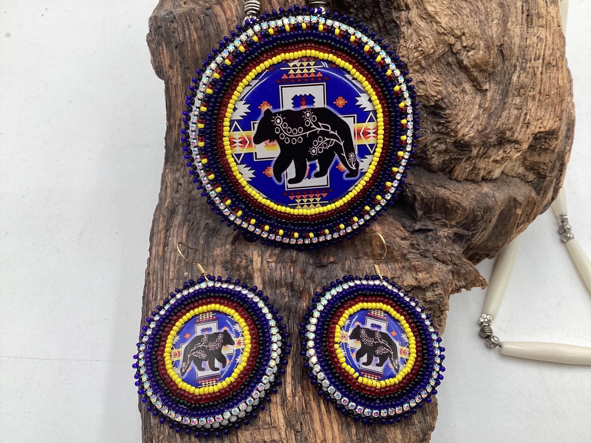 Ojibwe Bear Beadwork Necklace and Earrings Set: Anishinaabe Artisan Jewelry