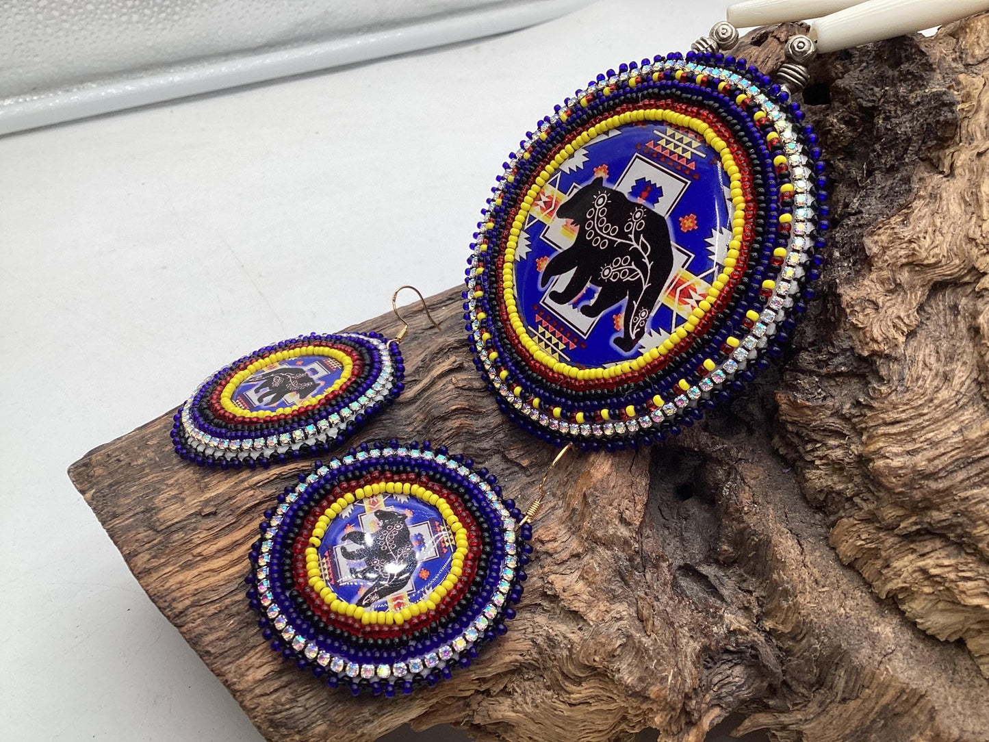 Ojibwe Bear Beadwork Necklace and Earrings Set: Anishinaabe Artisan Jewelry