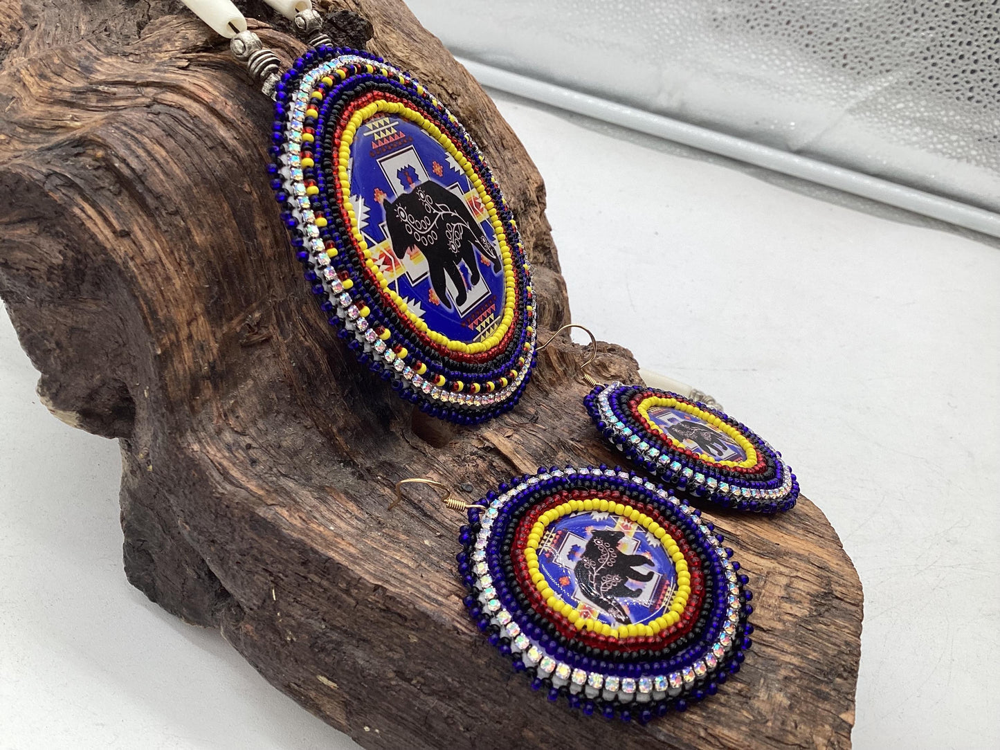 Ojibwe Bear Beadwork Necklace and Earrings Set: Anishinaabe Artisan Jewelry