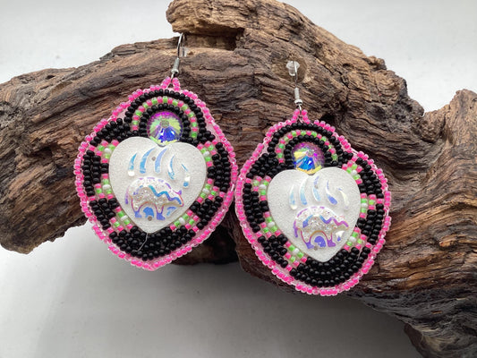 Bear Claw Heart Hand Beaded Earrings - Anishinaabe/Ojibwe Beadwork