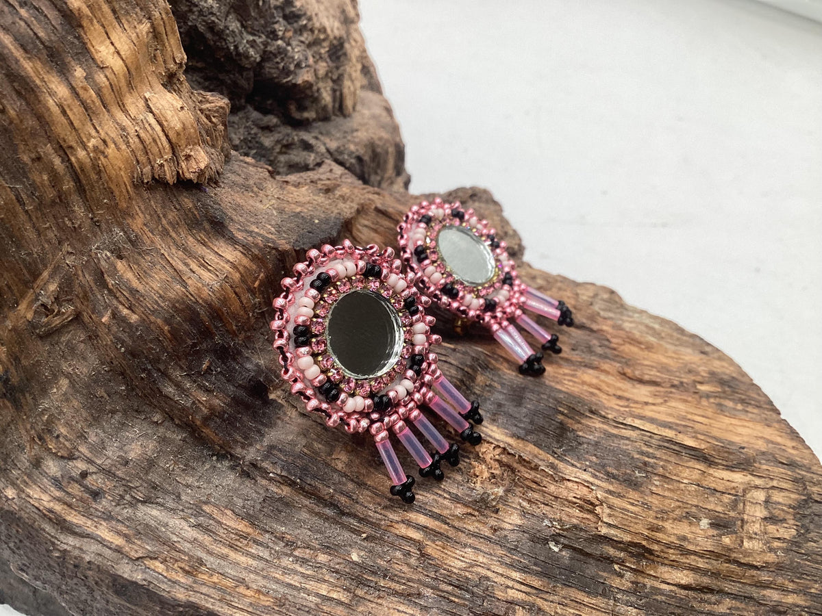 Small Hand-Beaded Reflective Mirror Earrings - Ojibwe/Anishinaabe Made