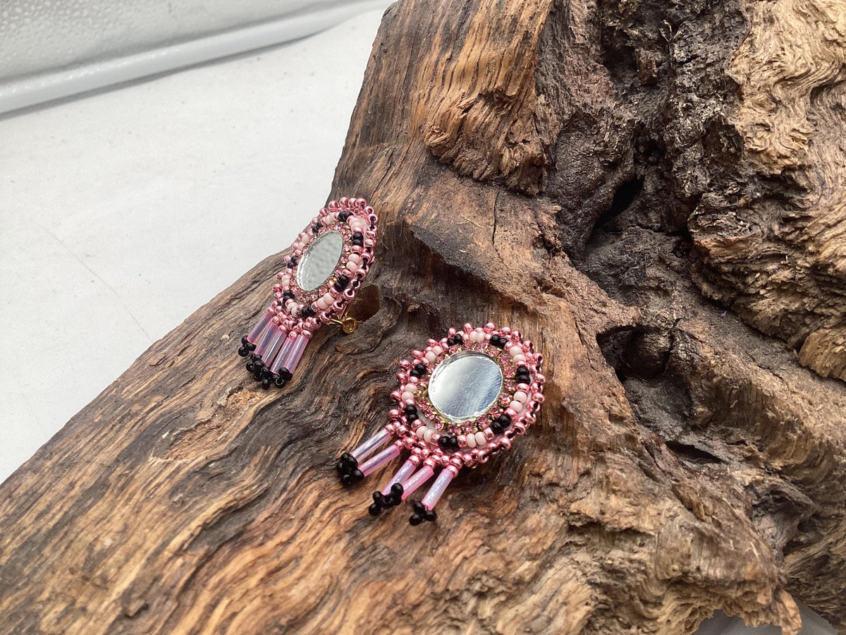 Small Hand-Beaded Reflective Mirror Earrings - Ojibwe/Anishinaabe Made
