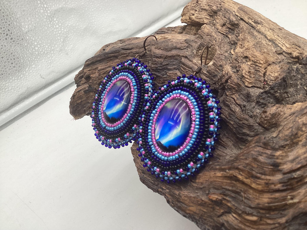 Hand Beaded Northern Lights Earrings: Anishinaabe/Ojibwe Beadwork, Hypoallergenic Hooks
