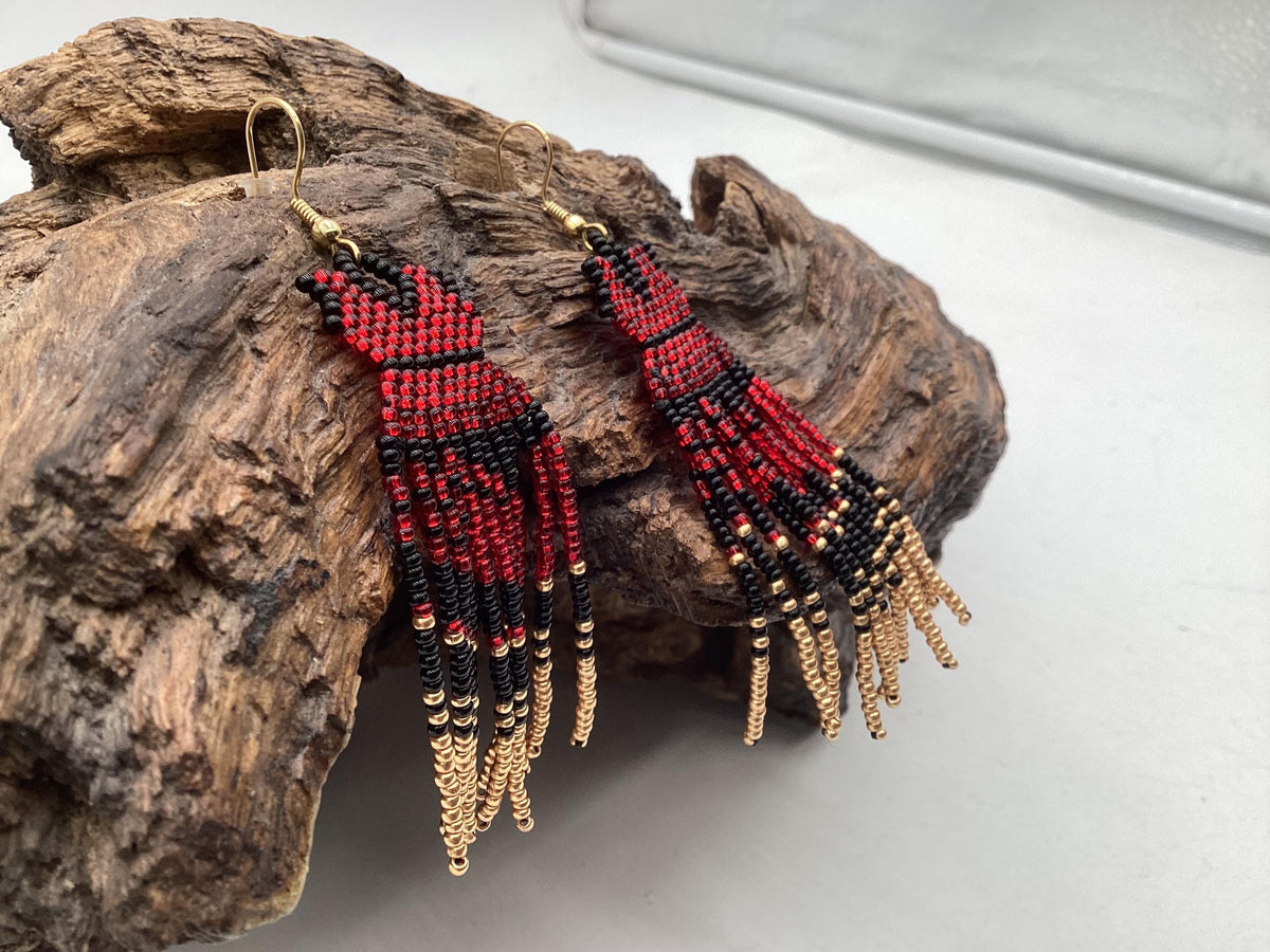 Hand Beaded Dangling Fringe Earrings – Anishinaabe Made