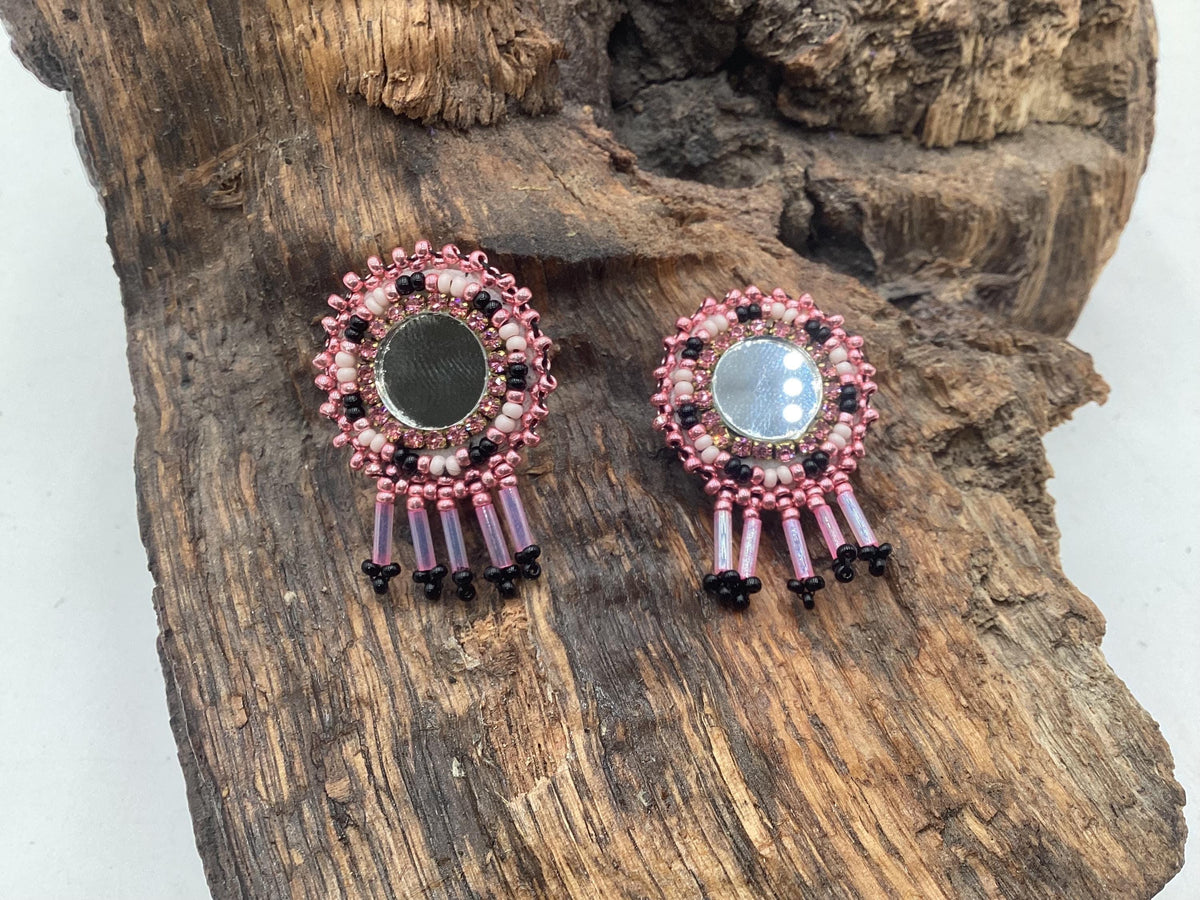 Small Hand-Beaded Reflective Mirror Earrings - Ojibwe/Anishinaabe Made