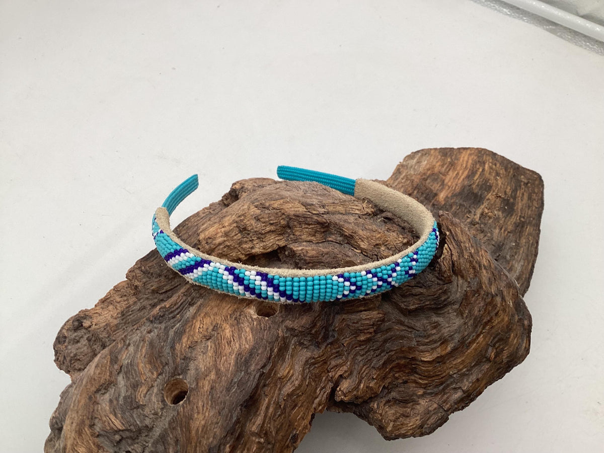 Blue Hand Beaded Headband: Anishinaabe/Ojibwe Beadwork