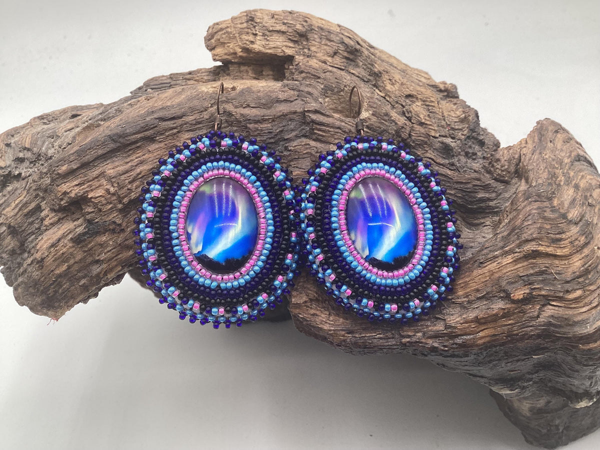 Hand Beaded Northern Lights Earrings: Anishinaabe/Ojibwe Beadwork, Hypoallergenic Hooks