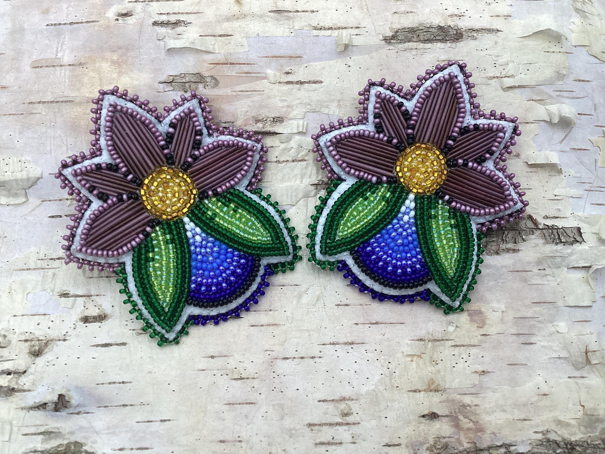 Hand Beaded Midnight Bloom earrings– Purple porcupine quills, White Earth Nation