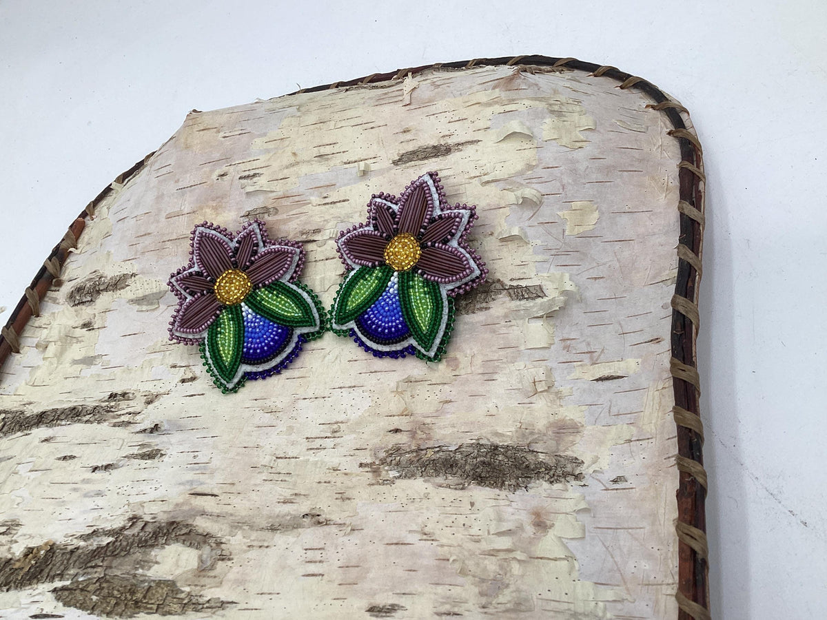 Hand Beaded Midnight Bloom earrings– Purple porcupine quills, White Earth Nation