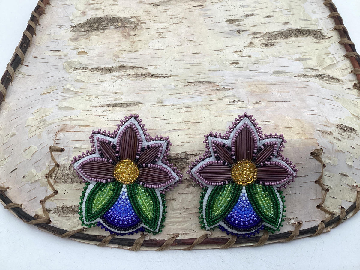 Hand Beaded Midnight Bloom earrings– Purple porcupine quills, White Earth Nation