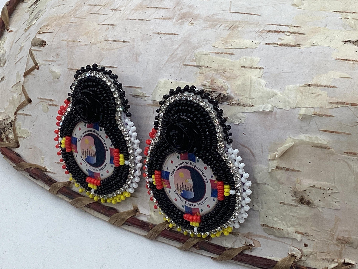 Double Centered White Earth Nation Rose Hand Beaded Earrings – Authentic Anishinaabe/Ojibwe Beadwork