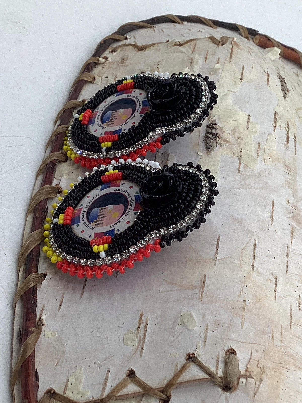 Double Centered White Earth Nation Rose Hand Beaded Earrings – Authentic Anishinaabe/Ojibwe Beadwork