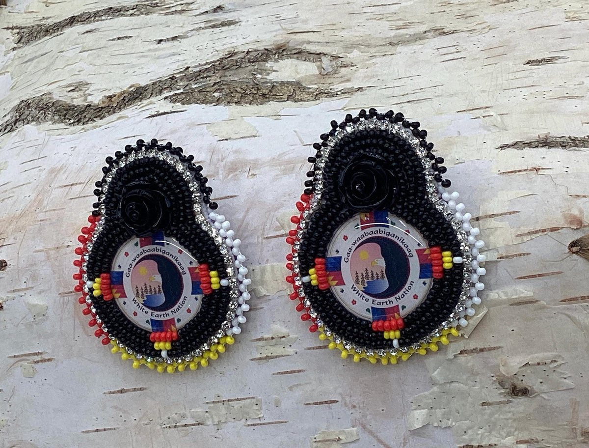 Double Centered White Earth Nation Rose Hand Beaded Earrings – Authentic Anishinaabe/Ojibwe Beadwork