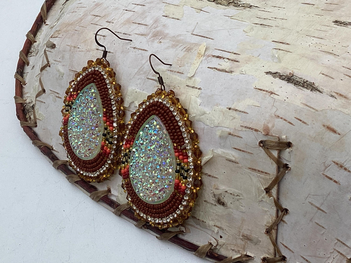Large Shimmering Fall Season Hand Beaded Earrings - Ojibwe/Anishinaabe Made