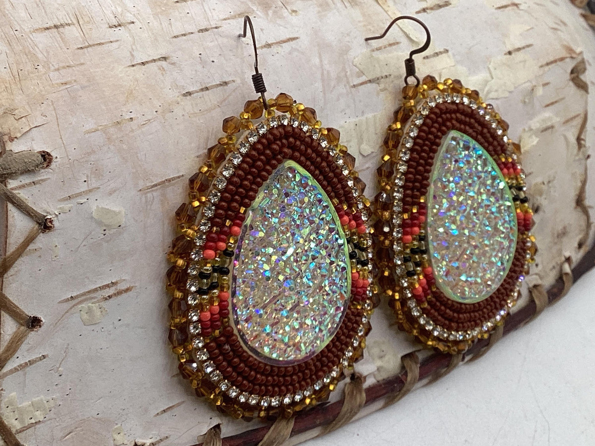 Large Shimmering Fall Season Hand Beaded Earrings - Ojibwe/Anishinaabe Made
