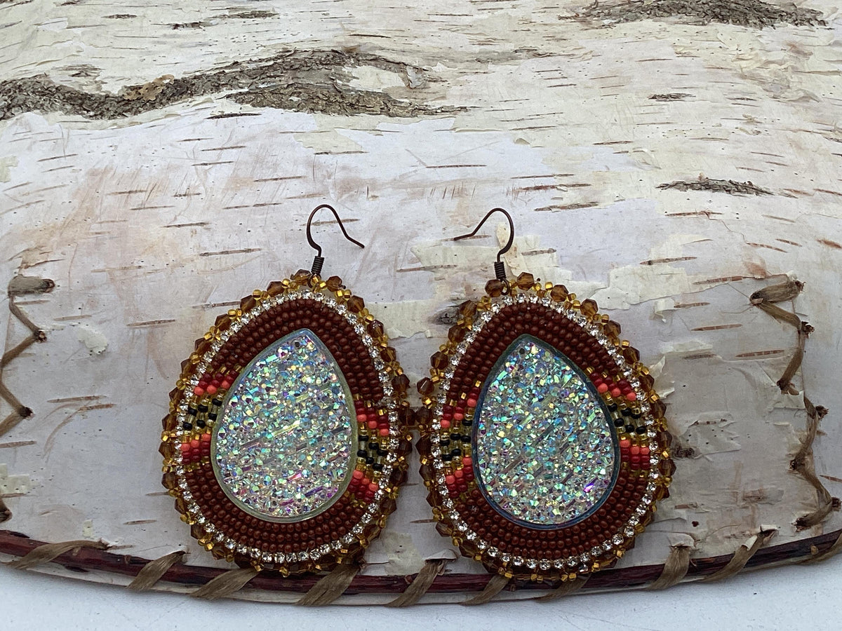 Large Shimmering Fall Season Hand Beaded Earrings - Ojibwe/Anishinaabe Made