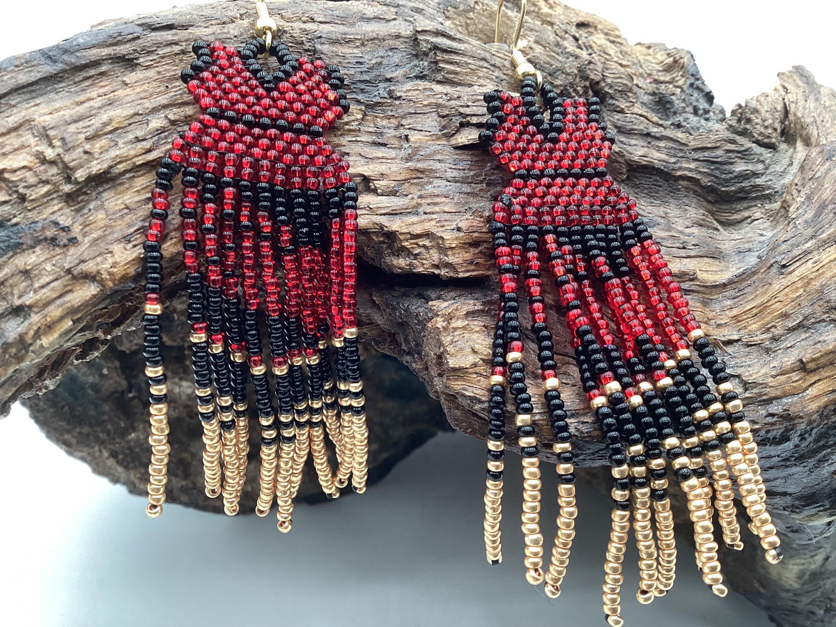 Hand Beaded Dangling Fringe Earrings – Anishinaabe Made