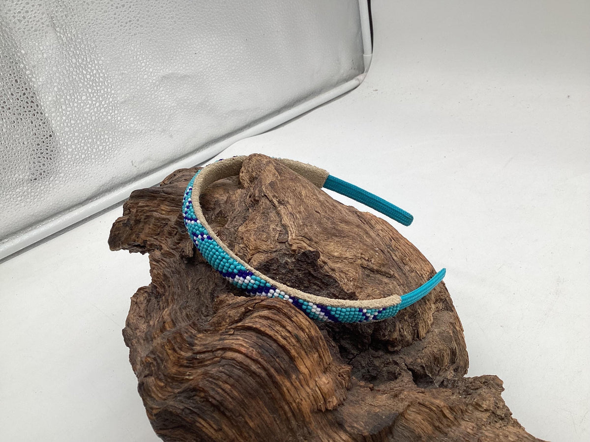 Blue Hand Beaded Headband: Anishinaabe/Ojibwe Beadwork