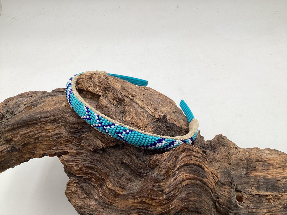 Blue Hand Beaded Headband: Anishinaabe/Ojibwe Beadwork